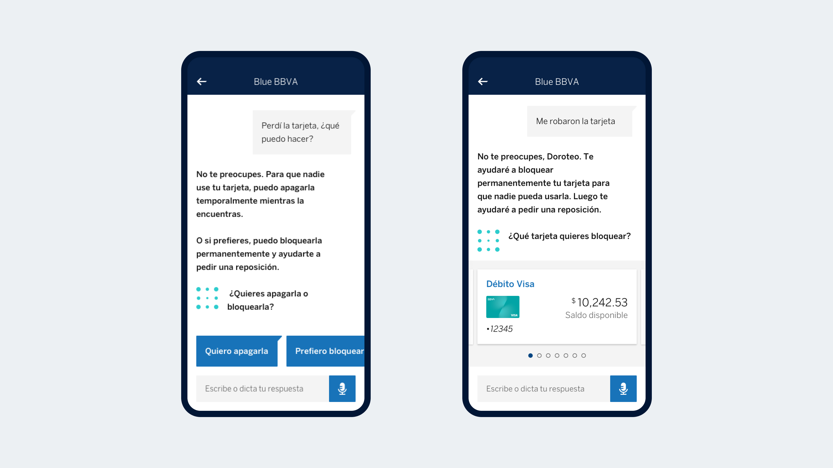 Vistas de las diferentes respuestas del asistente virtual según el mensaje del usuario
