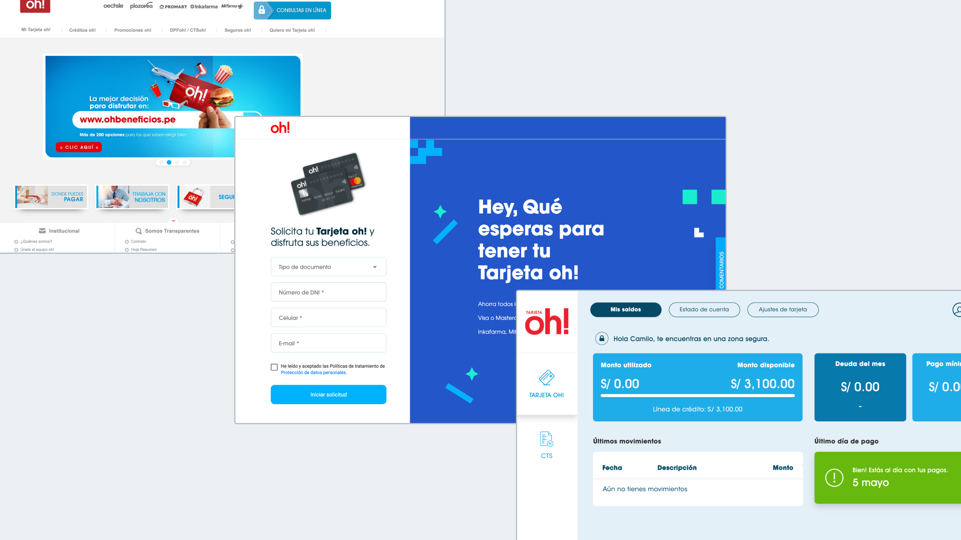 Capturas de 3 sitios web de Financiera oh! con estilos visuales distintos