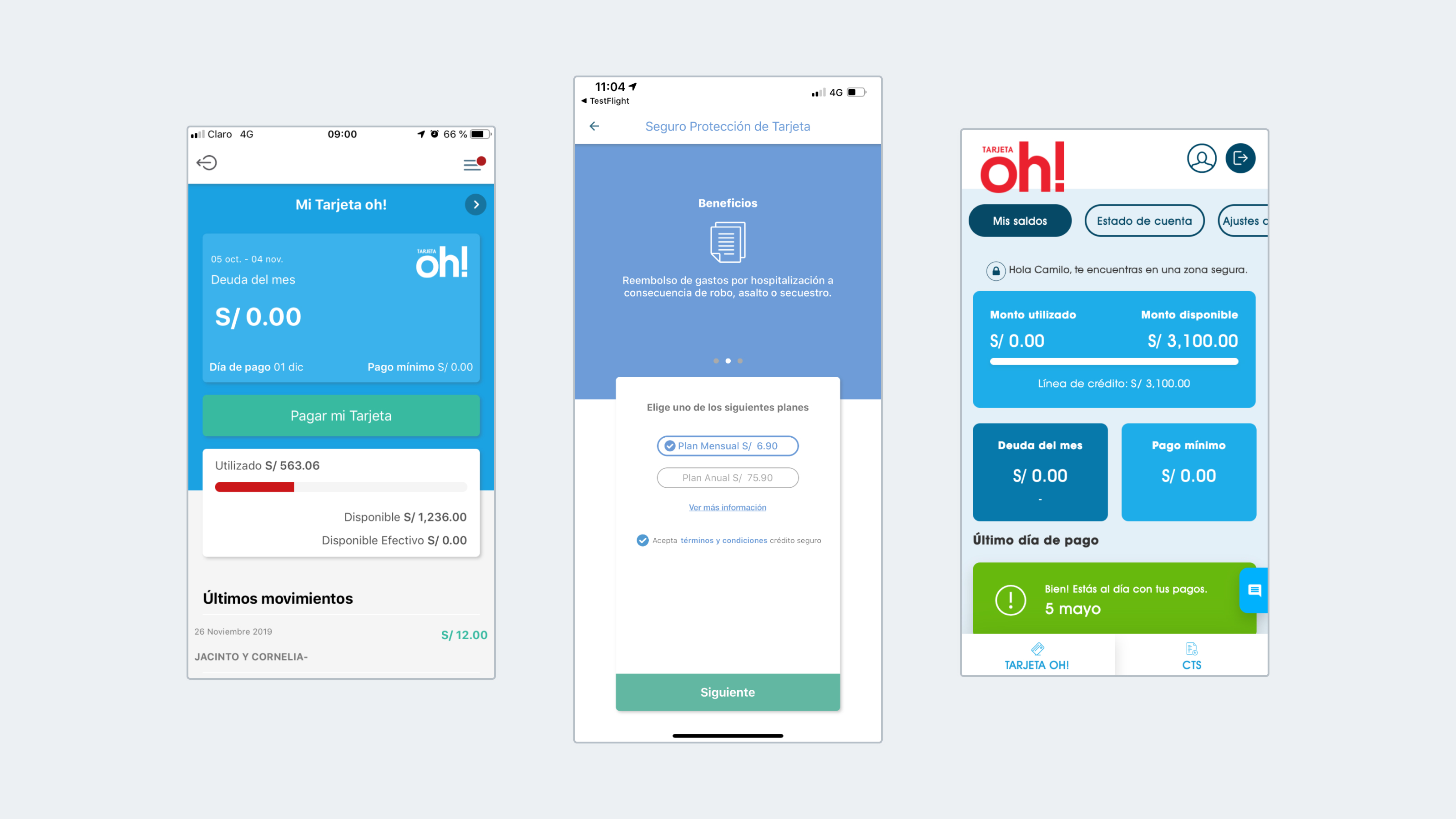 Capturas de la app y el homebanking de Financiera oh! con estilos visuales distintos