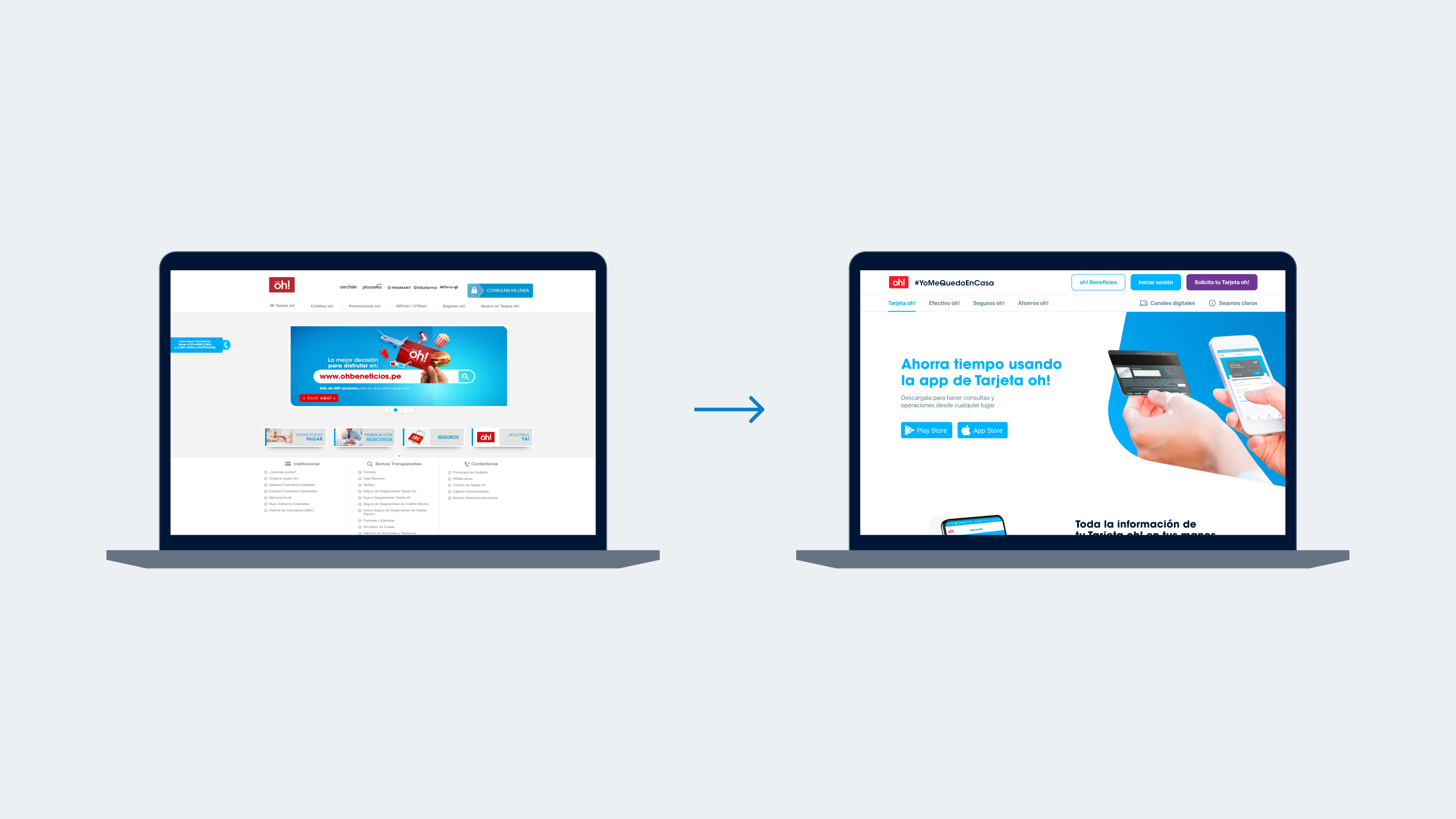 Imagen que muestra el antes y después del sitio web de Financiera oh!