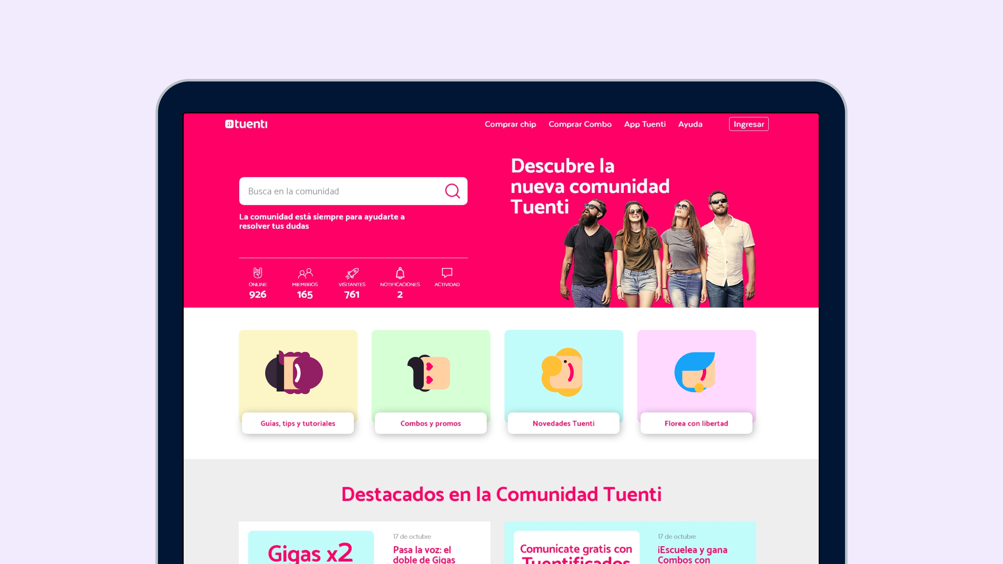 Página principal de la Comunidad Tuenti con buscador, categorías y contenido destacado.